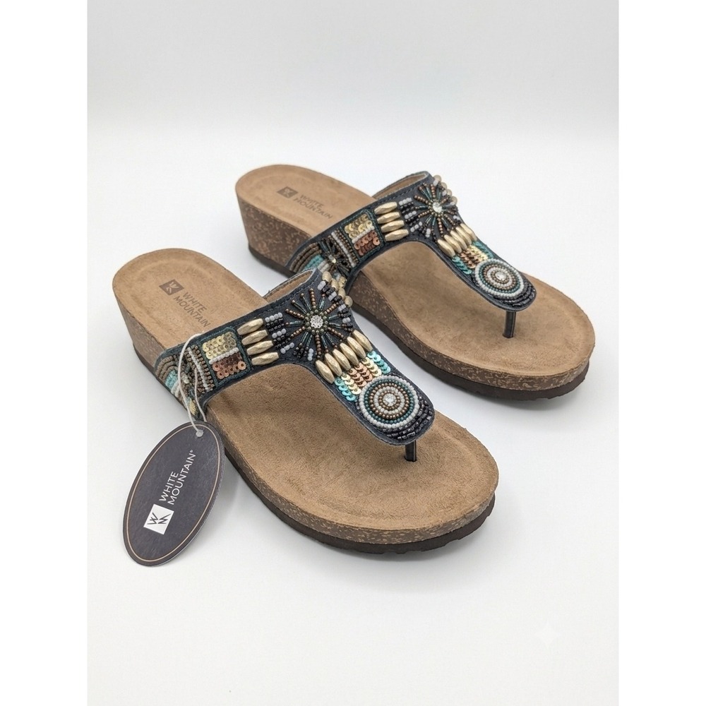 White Mountain Brilliant Beaded Leather Wedge Sandals NWT - Picture 3 of 9